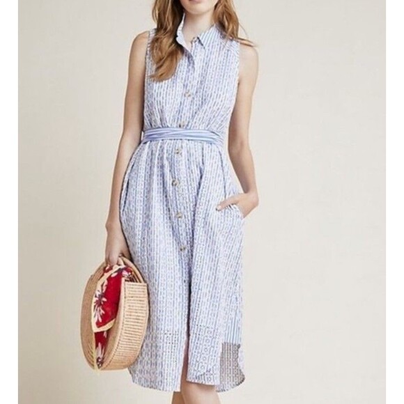 Anthropologie Kismet White & Blue Striped Eyelet Midi Shirt Dress Size 8 Women’s - Picture 1 of 10